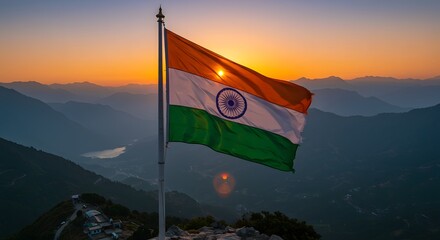 Flag Waving Against Mountain Range at Sunset