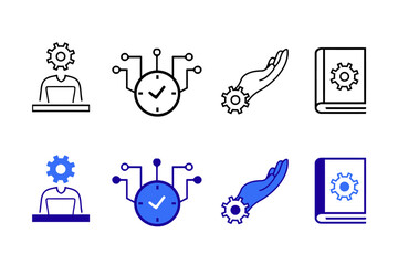 Management solid line vector icon set. Icons related to teamwork, development, manager, strategy, marketing, business, planning, training, employee etc. Vector editable illustration 