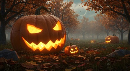 Glowing Jack-o'-lanterns in Autumn Forest Scene for Halloween