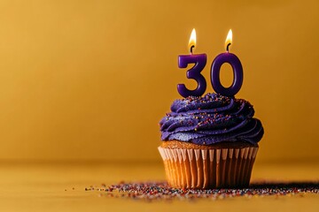 Celebrating a 30th Birthday With a Colorful Cupcake Topped With Purple Frosting and Candles.