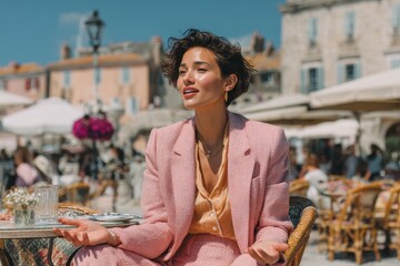 a young woman with short dark hair, wearing light pink suite, talking passionately during an interview or conversation. She is sitting in a beautiful bright outdoor cafe. The woman is clearly visible 