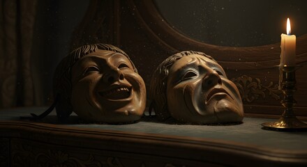 Wooden Masks Displayed with Candlelight Drama and Reflection