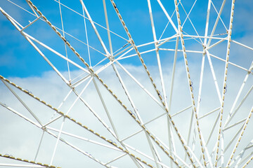 Close-up of a Ferris wheel with a blue sky in the background 