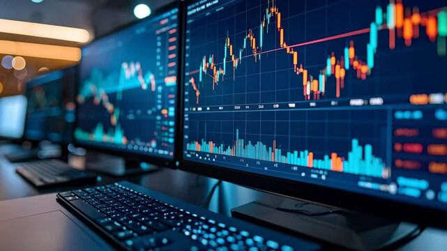 Workstation setup showing financial trading charts on multiple monitors and keyboard on desk