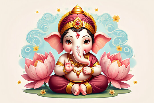 Adorable baby ganesha illustration with lotus flowers