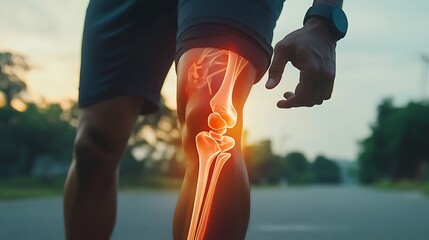 Anatomical visualization of a runner showing the highlighted skeletal system around the knee and leg, standing on the pavement.