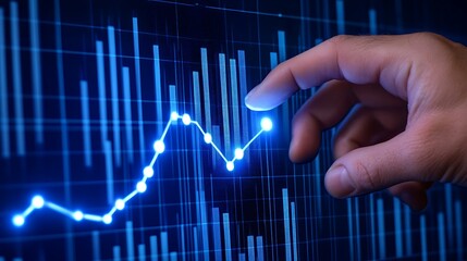 Analyzing Financial Growth: A Hand Interacting with Bright Blue Chart on Screen Displaying Positive Trend and Growth Pattern.