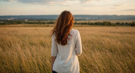 Young woman standing in a field during sunset with long hair  