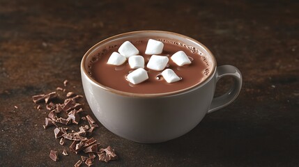 A cup of hot chocolate with marshmallows floating on top surrounded by a few chocolate shavings