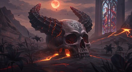 Skull with Horns and Lava on a Volcanic Landscape Under a Red Moon