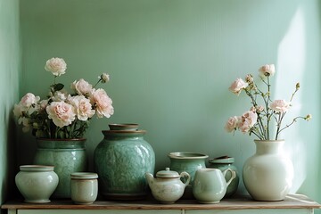 Mint green corner with vintage jars and soft ceramic accessories 