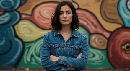 Young woman standing confidently with arms crossed in front of graffiti  