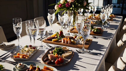 Elegant celebration dinner table set with wine, flowers, and appetizers for luxury festive occasion. Celebration dinner table for important event, sense of celebration and sophistication