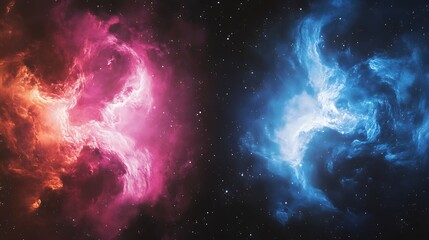 Cosmic Duality: Stunning Nebula Displaying Vibrant Pink and Fiery Orange Contrasted with Cool Blue on a Deep Space Backdrop.