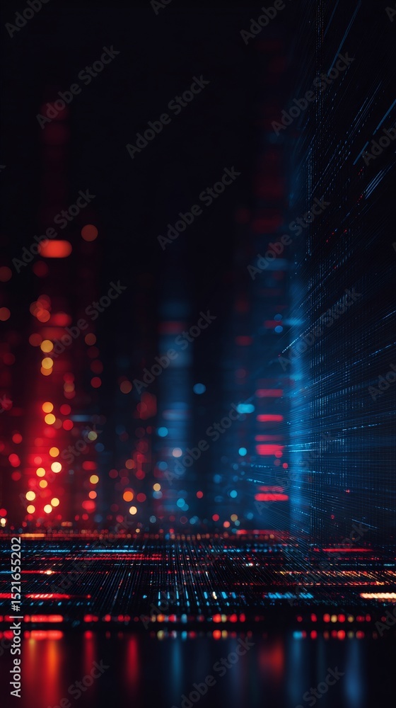 Poster dynamic contrast of blue and red light patterns in digital space at night.