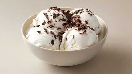 A delicate bowl of creamy ice cream with chocolate shavings on top isolated on a neutral background