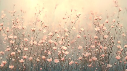 Delicate Field of Pale Pink Blossoms: Soft, Serene Botanical Springtime Scene with Gentle Sunlight and Ethereal Atmosphere.