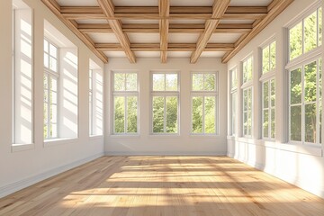 Empty room interior design, open space with oak parquet floor, classic windows, wooden ceiling and white walls,