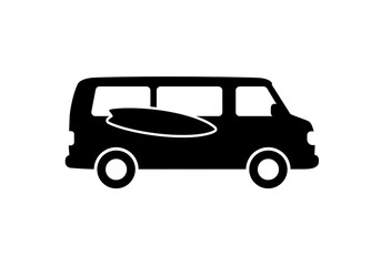 A black silhouette of a van with a surfboard inside on a white background in a simple illustration