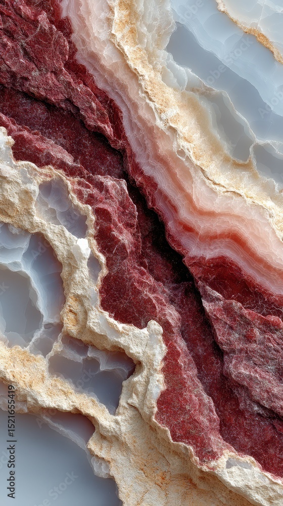 Poster beautiful layers of colored stone showcasing intricate patterns of red and white with a smooth, poli