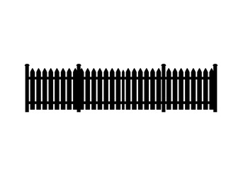 A black silhouette of a picket fence with pointed tops against a stark white background in a landscape view