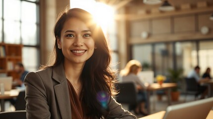Smiling young business woman listening her partner on coworking space