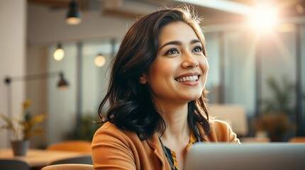 Smiling young business woman listening her partner on coworking space
