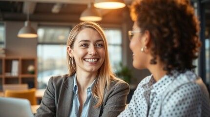Smiling young business woman listening her partner on coworking space