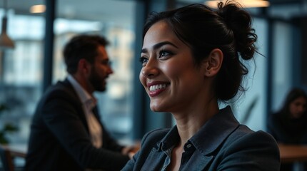 Smiling young business woman listening her partner on coworking space