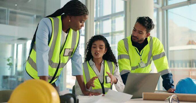 Architecture, meeting and people on laptop with blueprint, design and floorplan for building project. Construction, teamwork and workers with papers in discussion for ideas, planning or collaboration