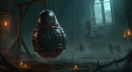 Hanging Metal Device in Dark Dungeon with Mysterious Figures and Candlelight