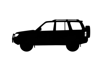 A black silhouette of a four wheel drive suv with a spare tire on the back on a white background