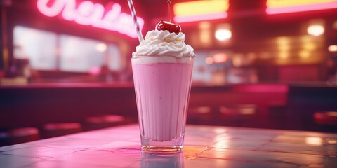 Classic milkshake served in a glass with whipped cream and cherry in a retro diner setting at dusk