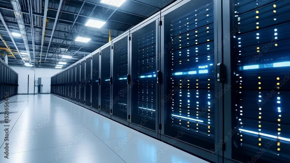 Poster interior perspective of server room with rows of rack servers, data processing and storage with ligh