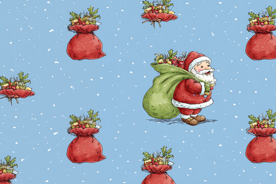 satna claus with a bag of presents on a blue background seamless illustration
