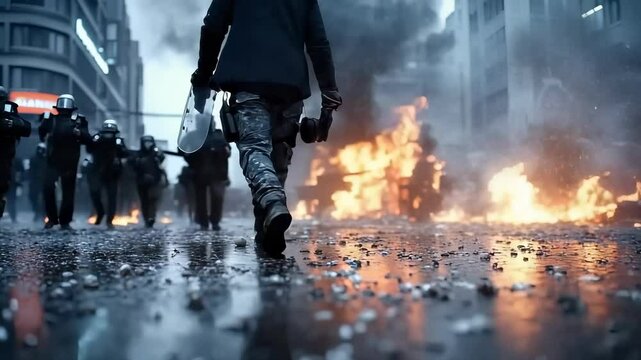 Street protest storm: fire glare, shattered glass, violent crowd, smoke swirl, riot control, angry voices, law enforcement, tense clash, emergency state, public outcry, chaotic scene