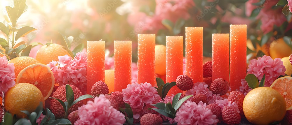 Poster a row of fruit in a row of vases