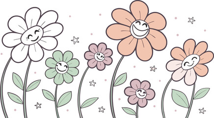 Groovy flower cartoon characters. Sticker pack in trendy retro trippy style. Funny happy daisy with eyes and smile. Isolated vector illustration. 