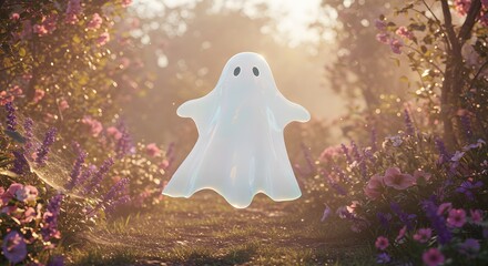 Cartoon Ghost Floating in Floral Garden at Sunset