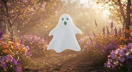 Floating Ghost Figure in a Sunny Flower Garden Setting