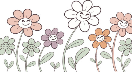 Groovy flower cartoon characters. Sticker pack in trendy retro trippy style. Funny happy daisy with eyes and smile. Isolated vector illustration. 