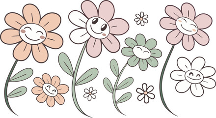 Groovy flower cartoon characters. Sticker pack in trendy retro trippy style. Funny happy daisy with eyes and smile. Isolated vector illustration. 
