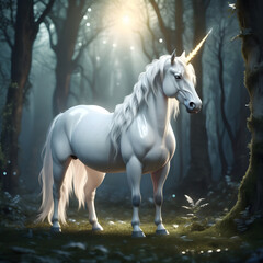 Naklejka premium Enchanted Forest Unicorn: A majestic white unicorn with a spiraling horn stands gracefully amidst a mystical forest, surrounded by ethereal light and shadows. 