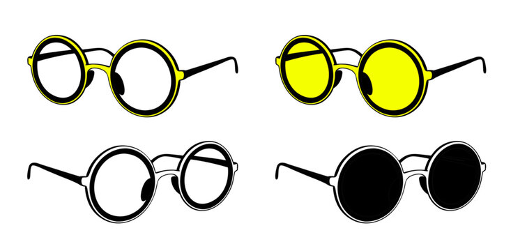 Round eyeglasses icon set, side view, clear and tinted lenses, colorful and black designs, fashion and eyewear concept