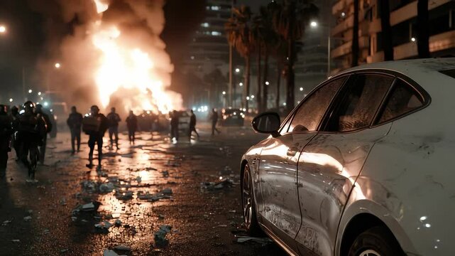 Riot eruption scene: flaming debris, chaotic noise, shattered barricade, defiant march, tearful protest, cracked pavement, loud clash, law enforcement, tense stare, public chaos, heated exchange