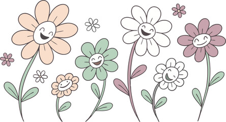 Groovy flower cartoon characters. Sticker pack in trendy retro trippy style. Funny happy daisy with eyes and smile. Isolated vector illustration. 