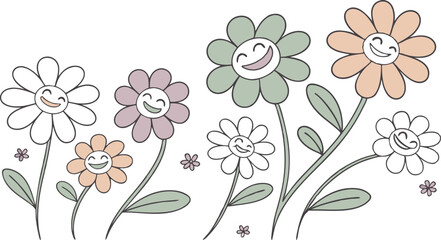 Groovy flower cartoon characters. Sticker pack in trendy retro trippy style. Funny happy daisy with eyes and smile. Isolated vector illustration. 