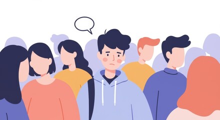 Confused teenager in crowd looking worried among other people  