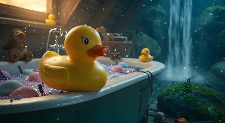 Yellow Rubber Duck Floating in Bathtub Near Waterfall