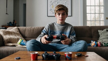 Young Person in a Casual Hoodie Playing Video Games in a Cozy Indoor Setting